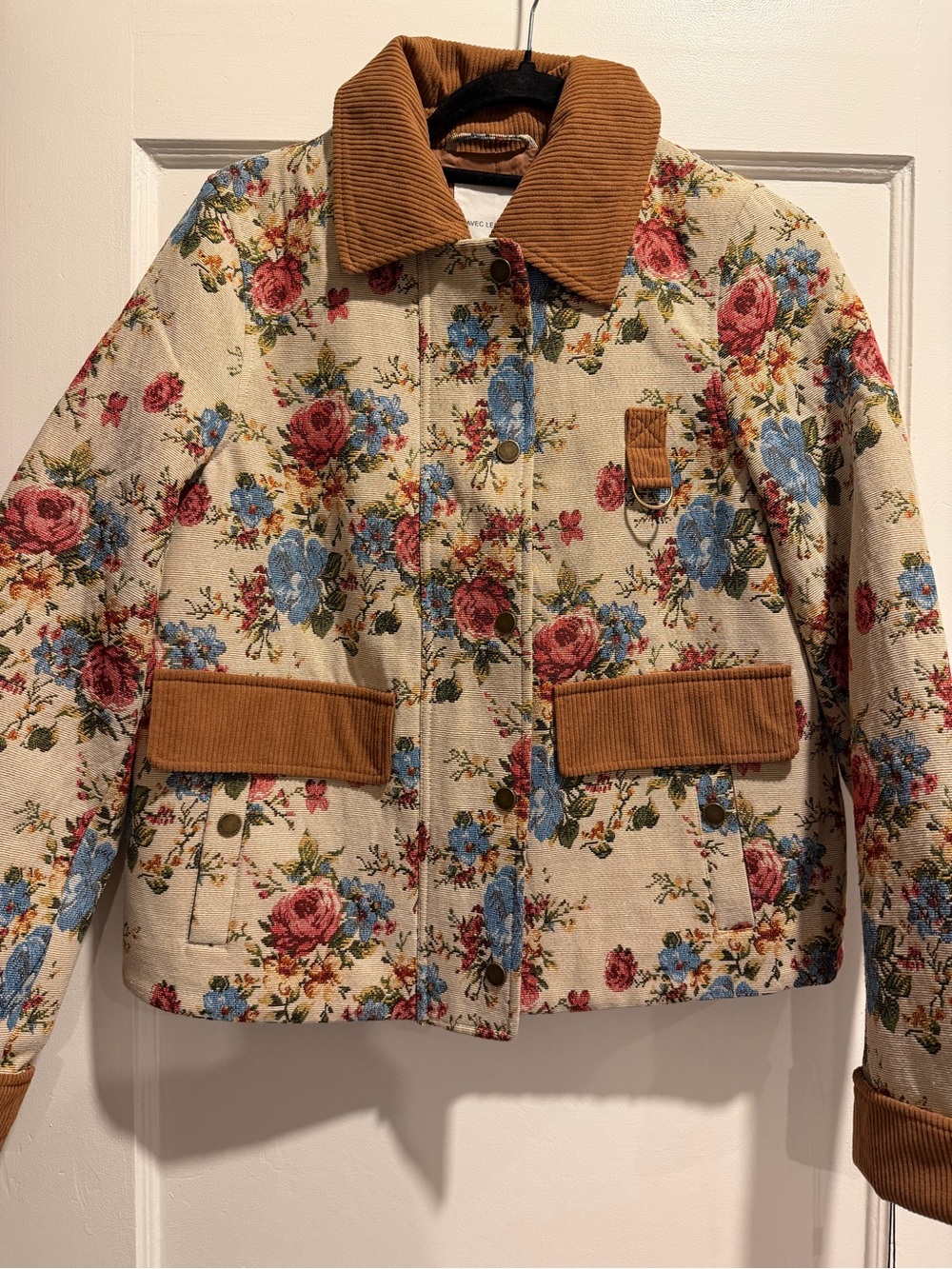 Avec Les Filles Beige Floral Utility Jacket with Rust Corduroy Trim S - Picture 3 of 10